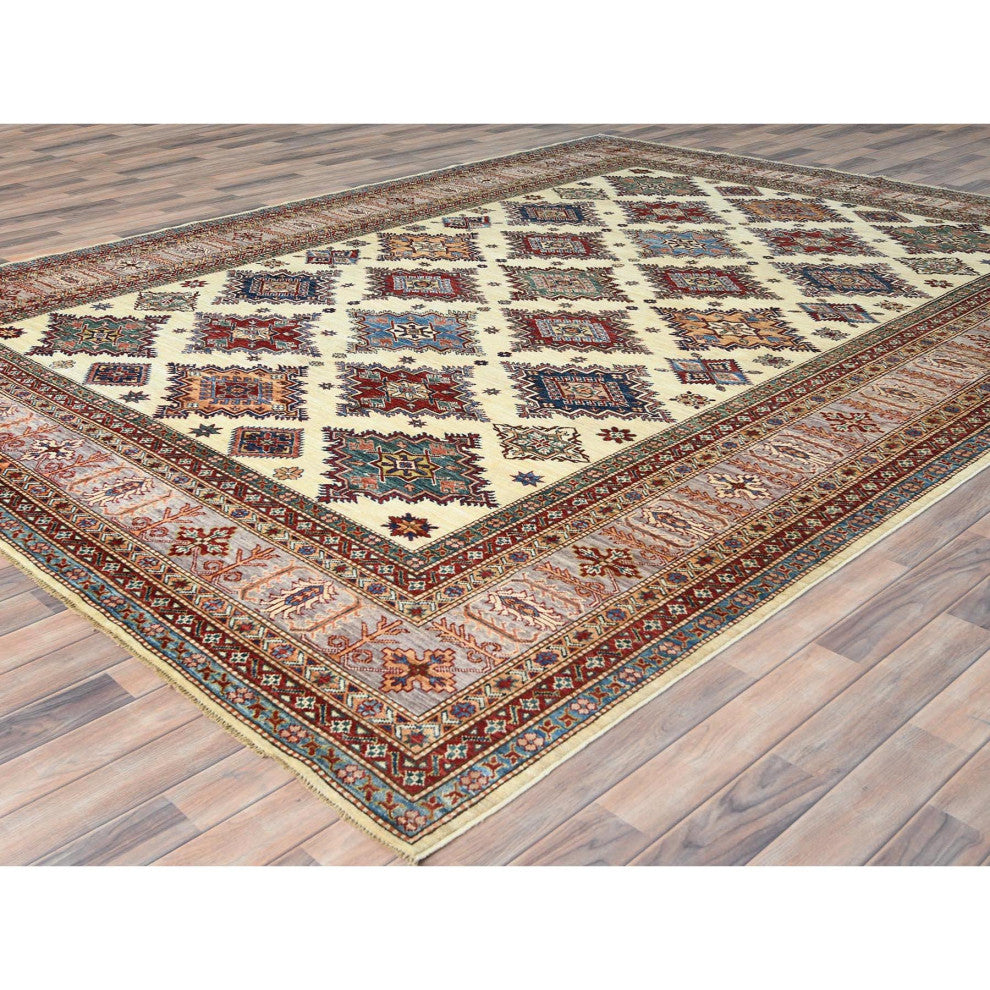 Ivory, Afghan Super Kazak Natural Wool Hand Knotted Oriental Rug, 9'3"x12'0"