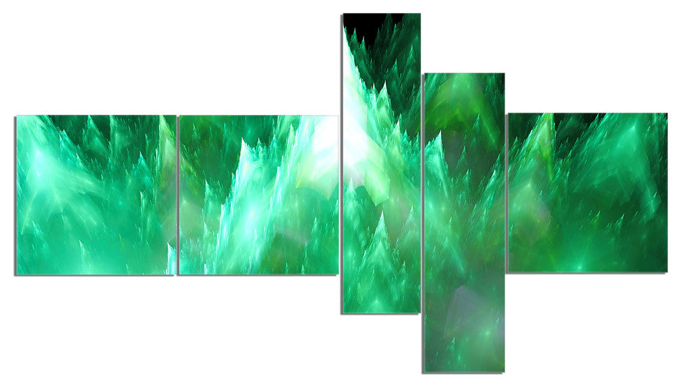 Green Fractal Crystals Design, Abstract Canvas Art Print, 60"x32", 5 panels