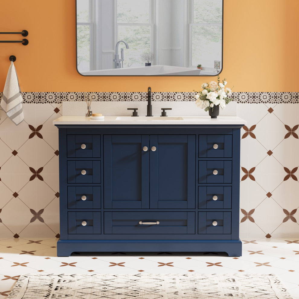 48" Freestanding Bathroom Vanity with White Cultured Marble Top in White
