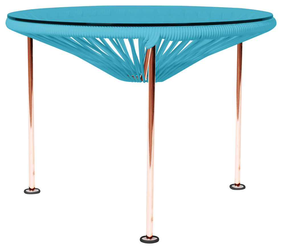 Zicatela Indoor/Outdoor Handmade Side Table, Blue Weave, Copper Frame