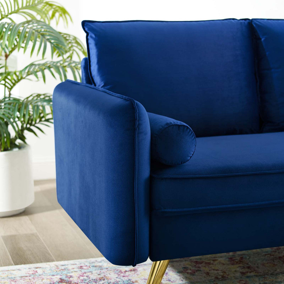 Loveseat Sofa, Velvet, Blue Navy, Modern, Living Lounge Hotel Lobby Hospitality