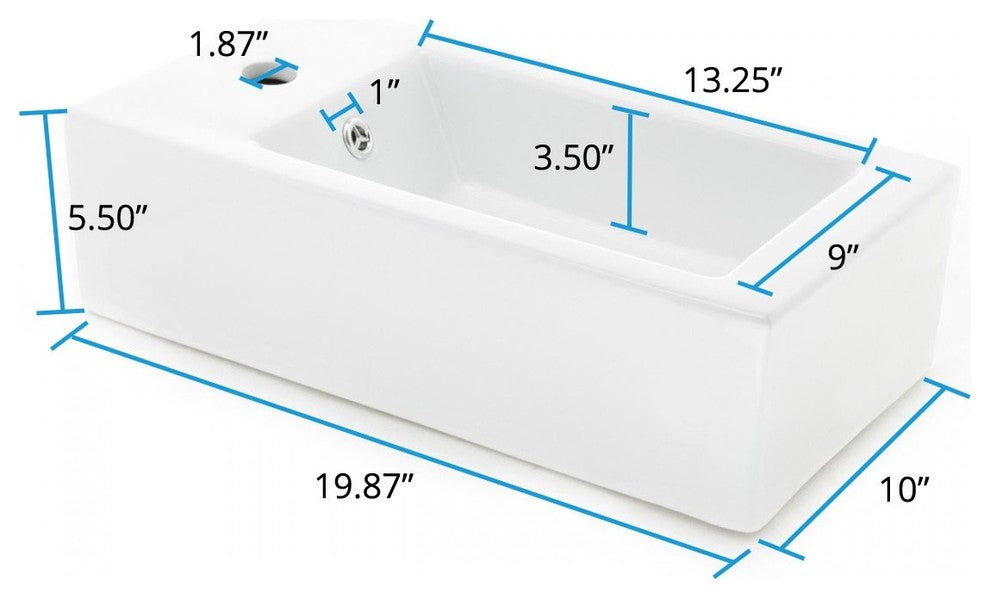 Small Wall Mount Bathroom Sink Rectangle with Overflow Right Side Hole