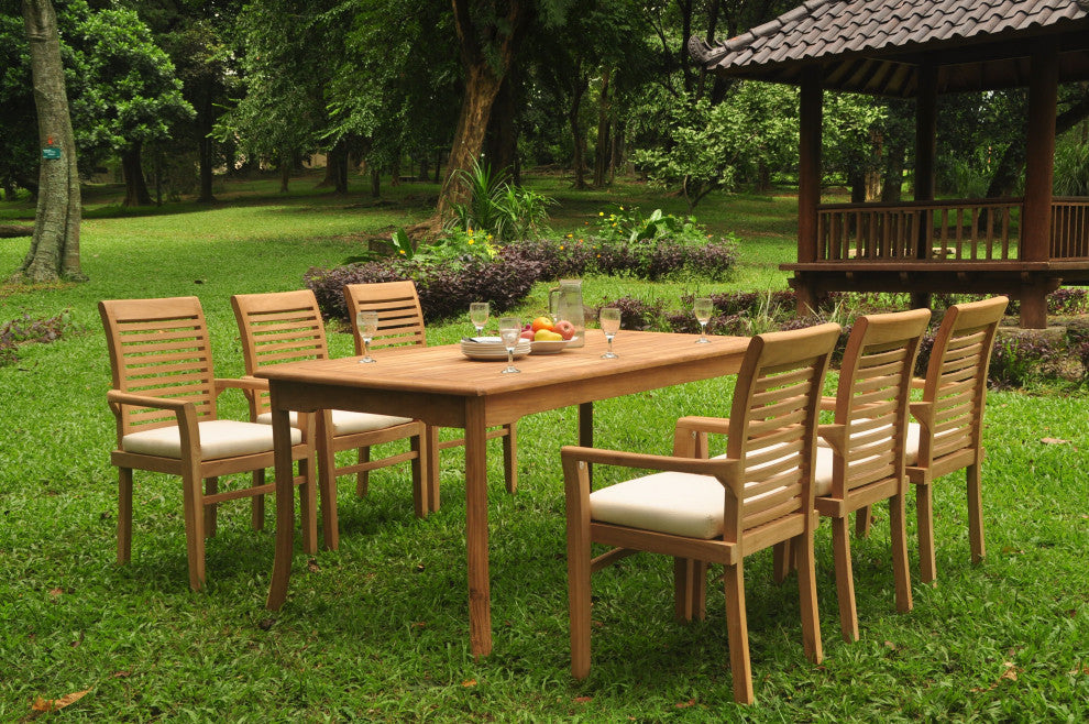 7-Piece Outdoor Teak Dining Set: 71" Rectangle Table, 6 Mas Stacking Arm Chairs