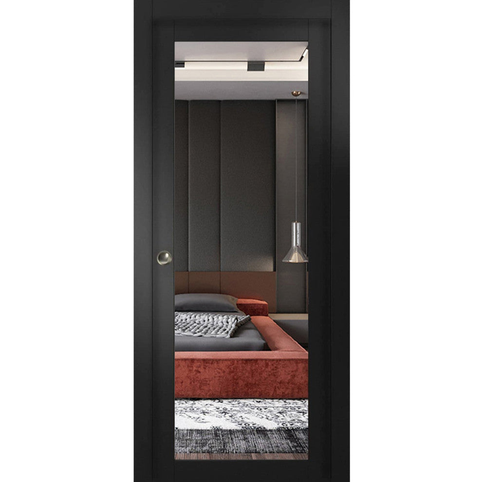 Sliding Pocket Door 18 x 80, Lucia 1299 Matte Black & Mirror, Rail