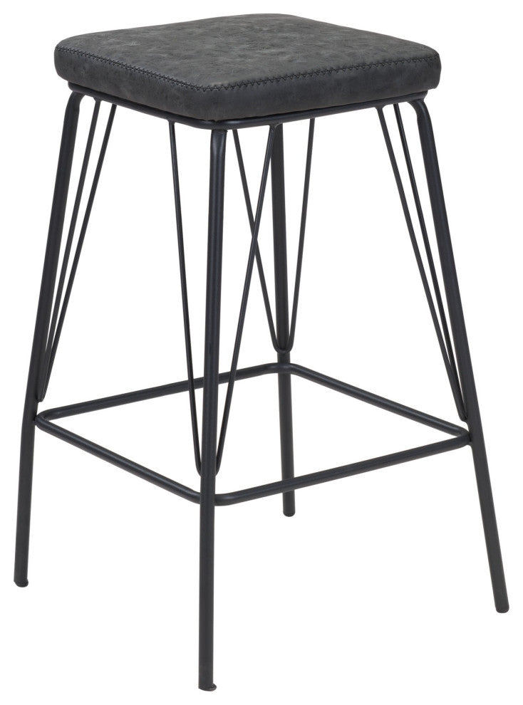 Bar Stool Chair Barstool, Set of 2, Faux Vinyl Leather, Steel, Vintage Black