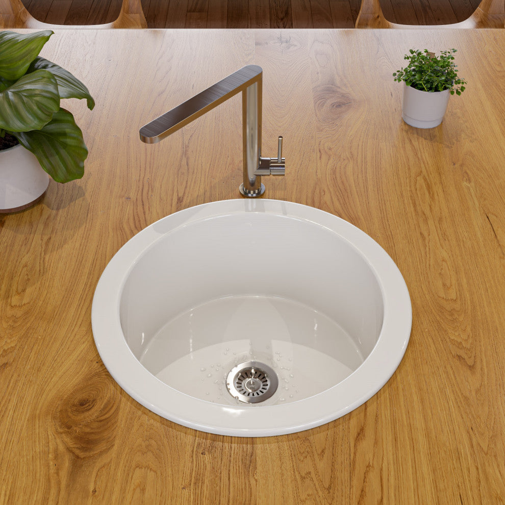 Undermount/Drop Fireclay Prep Sink, White, 18"x18", Round