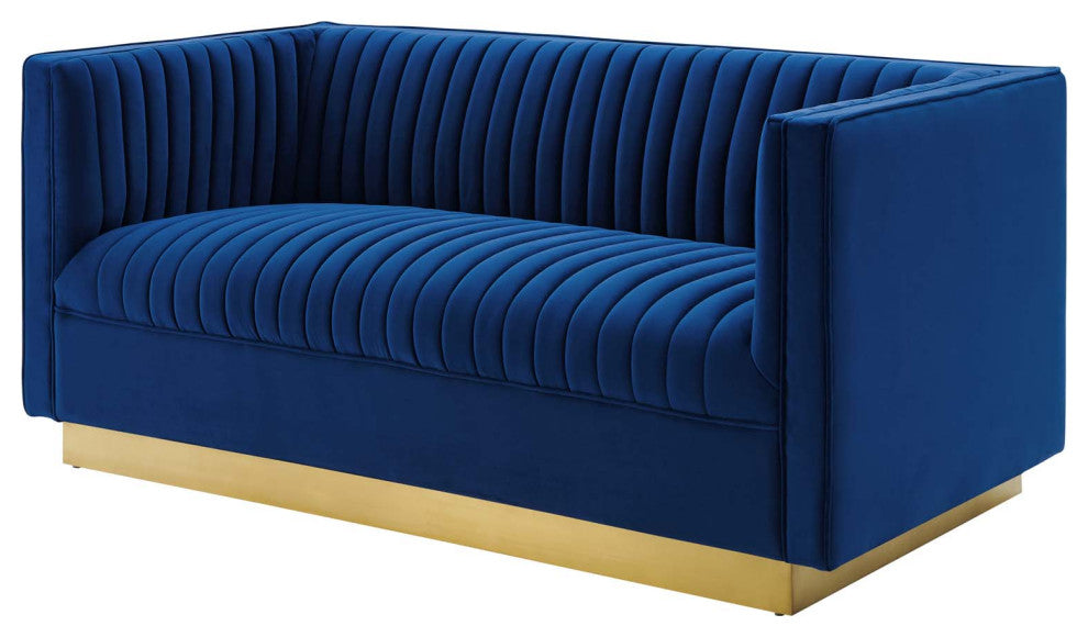 Tufted Loveseat Sofa, Velvet, Blue Navy, Modern, Living Lounge Hotel Hospitality