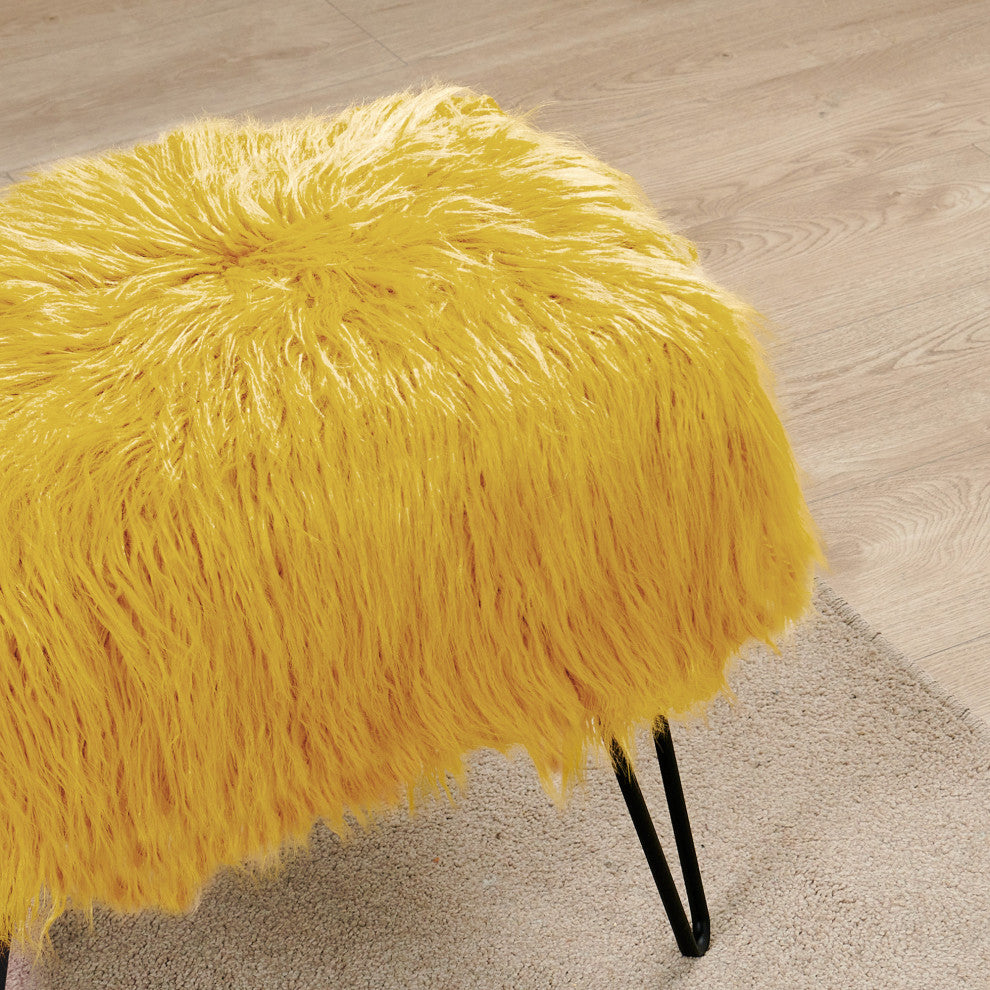 Mongolian Fur Ottoman, Lemon Curry, 19''x13''x17''