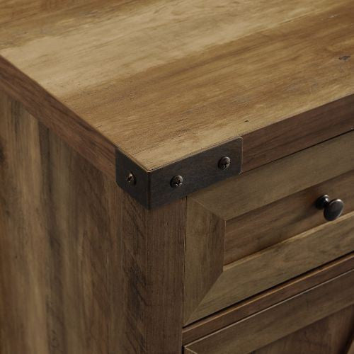 White background close-up of top corner and drawer area.