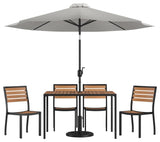 Lark 7 Pc Patio Set -4 Stacking Chairs, 30" x 48" Table & Umbrella with Base, Gr