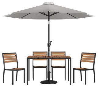 Lark 7 Pc Patio Set -4 Stacking Chairs, 30" x 48" Table & Umbrella with Base, Gr