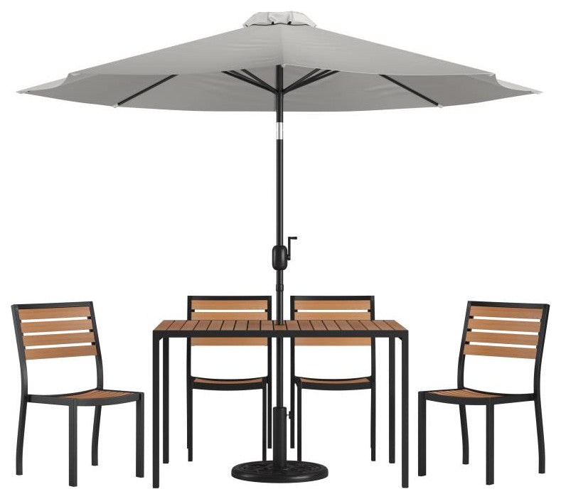 Lark 7 Pc Patio Set -4 Stacking Chairs, 30" x 48" Table & Umbrella with Base, Gr