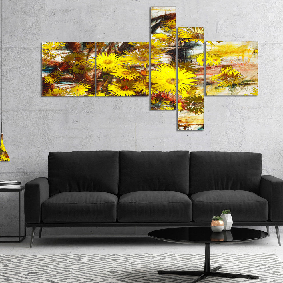 Yellow Flowers Watercolor Illustration, Floral Canvas Print, 60"x32", 5 panels