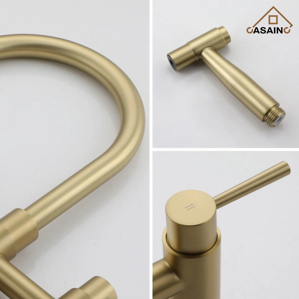 CASAINC Bridge Kitchen Faucet Double Handle with Side Sprayer 3 Color, Brushed Gold