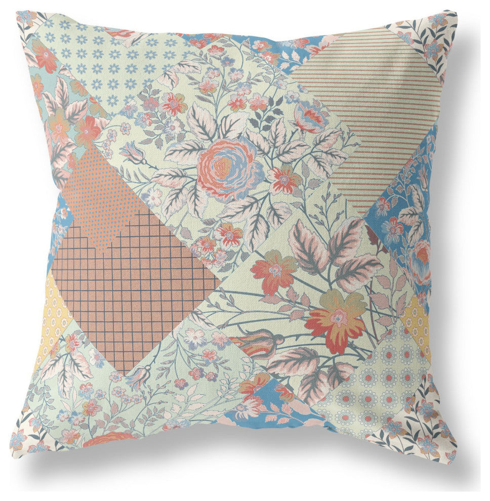18" Cream Red Boho Floral Indoor Outdoor Throw Pillow