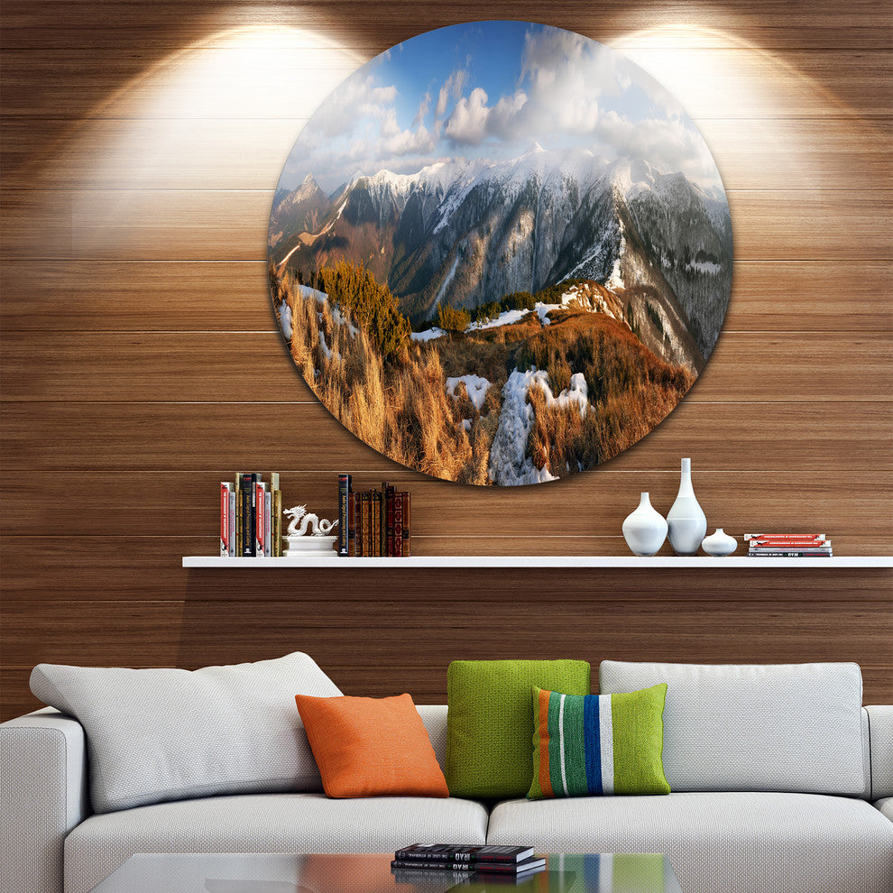 Mountains With Sun At Vratna Valley, Landscape Round Metal Artwork, 36"