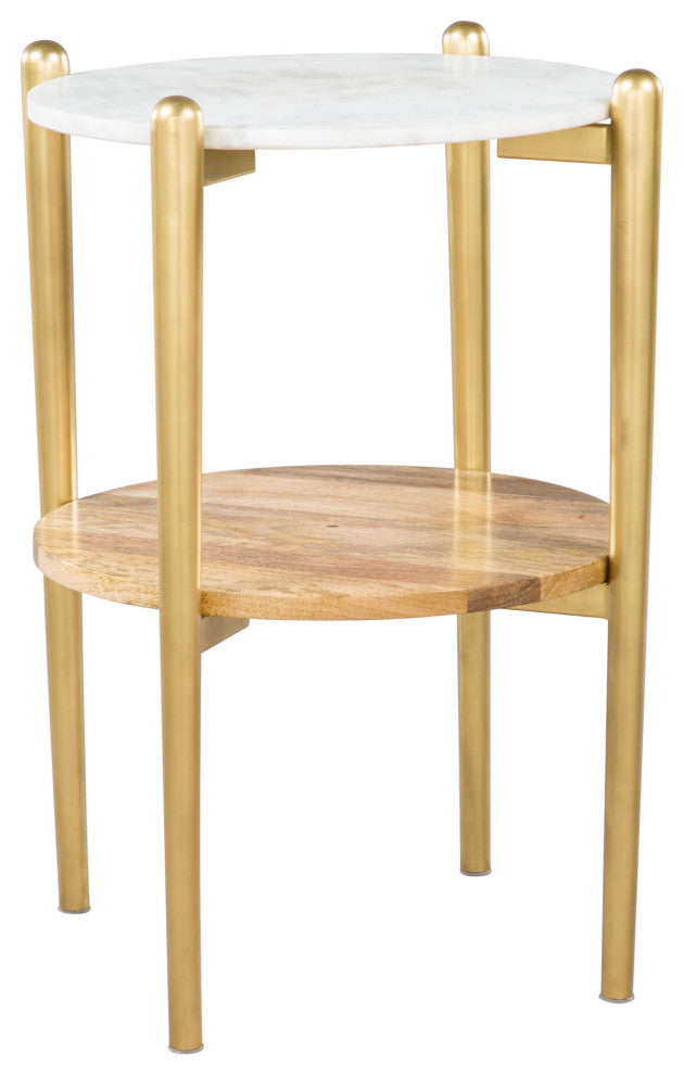 Sofa Side Table, Round, Artificial Marble, Steel Metal, White, Brown, Gold
