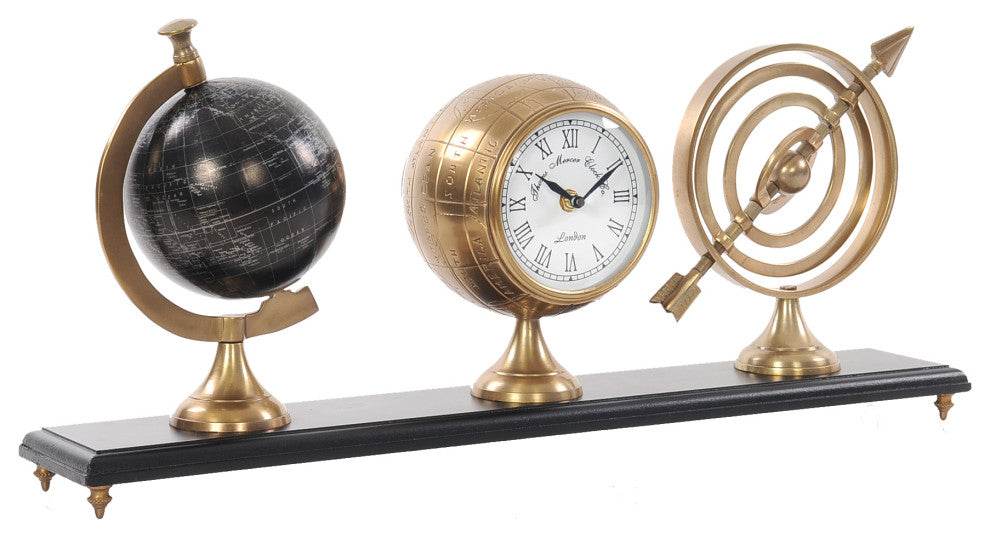 24" X 5.5" X 10.75" Armillery Clock And Globe On Wood Base