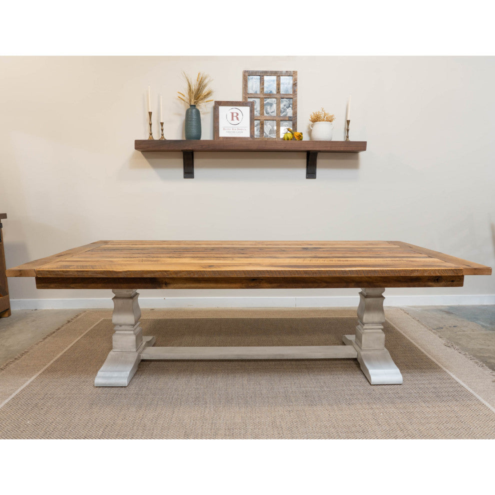 Avon Reclaimed Barnwood Dining Table, Trestle Base, Natural, 42x120, 2 Bb Ext