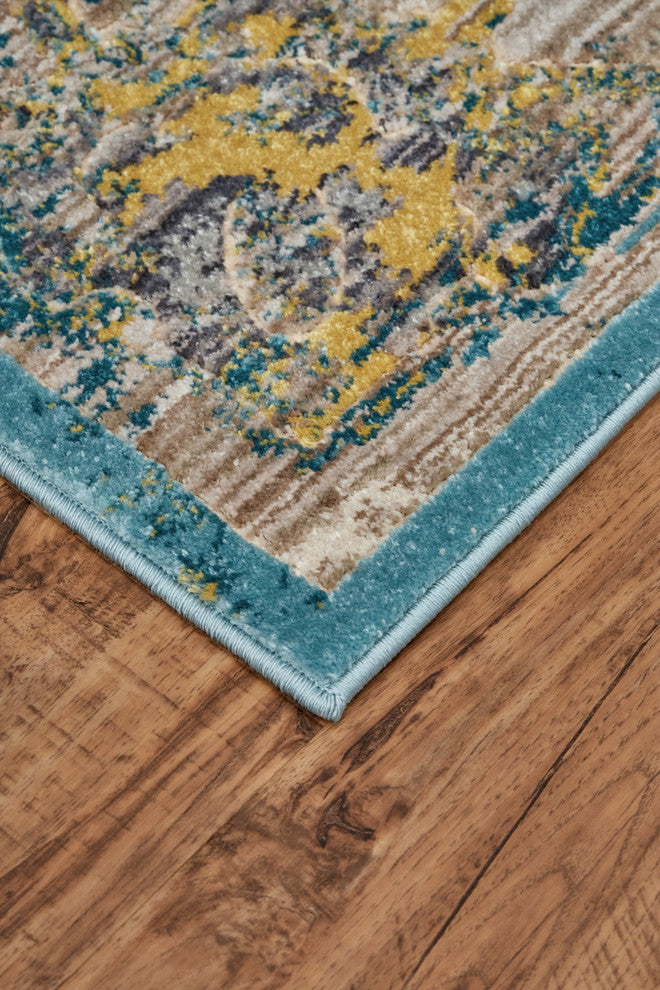 Weave & Wander Arsene Distressed Medallion Rug, Capri Blue/Gold, 2'2"x4'