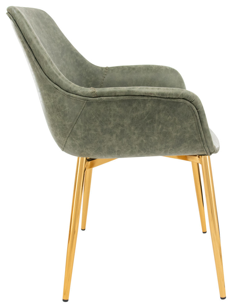 LeisureMod Markley Modern Leather Dining Armchair With Gold Legs, Olive Green