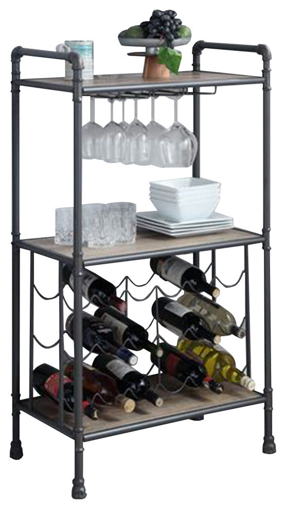 Benzara BM269552 Wine Bottle Rack With 2 Tier Shelves and Metal Frame, Gray