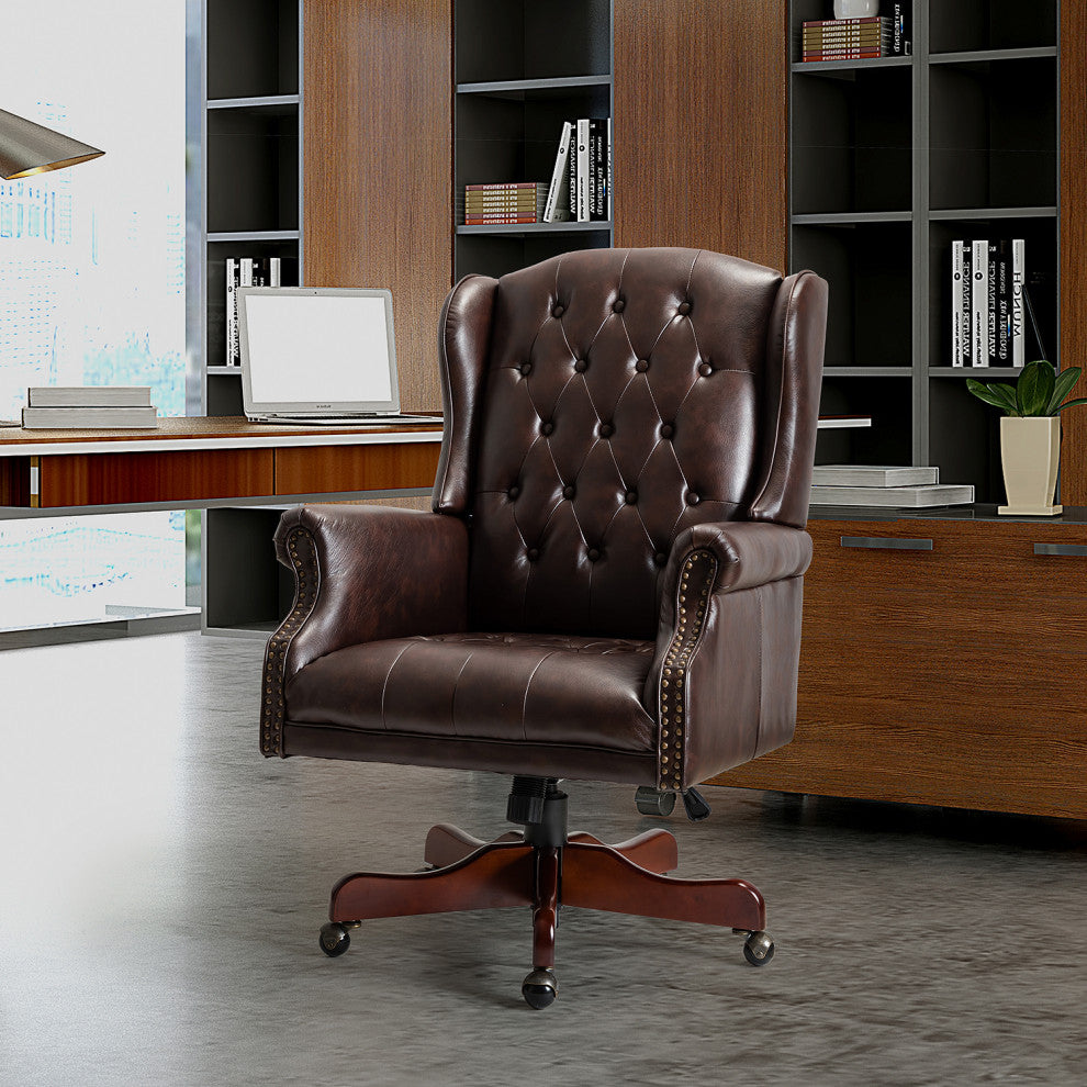 Executive Swivel Office Task Chair With Tufted Back, Brown