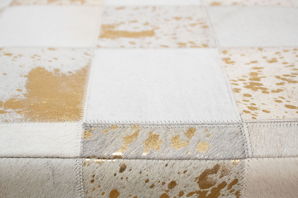 Decor Maisonette Gold Foil Hide Pouf Flynn, Ivory, 18"