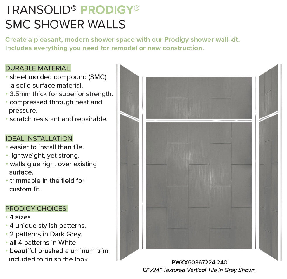 Transolid PWKX60367224-240 Prodigy 60"x36"x96" Shower Wall Kit, Grey Vertical