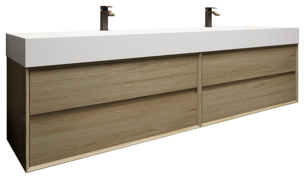 MAX 84" Double Floating Bath Vanity With Acrylic Sink, Coffee Wood, Coffee Wood