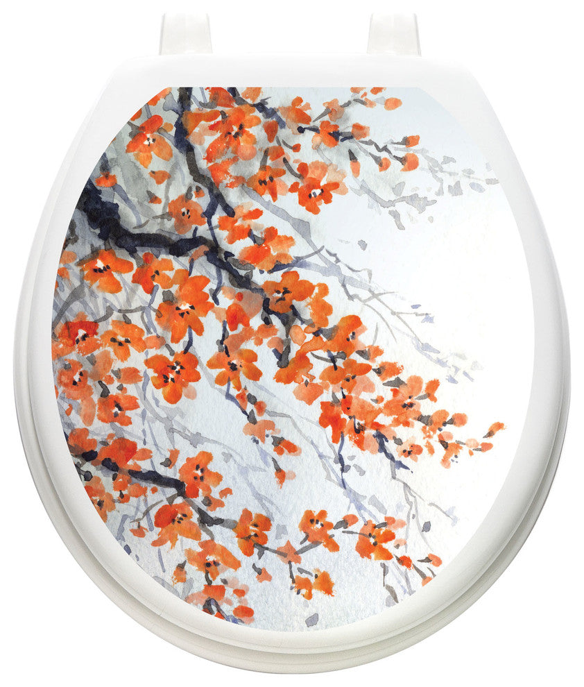 Orange Blossoms Toilet Tattoos Seat Cover, Vinyl Lid Decal, Bathroom Decor  , Round