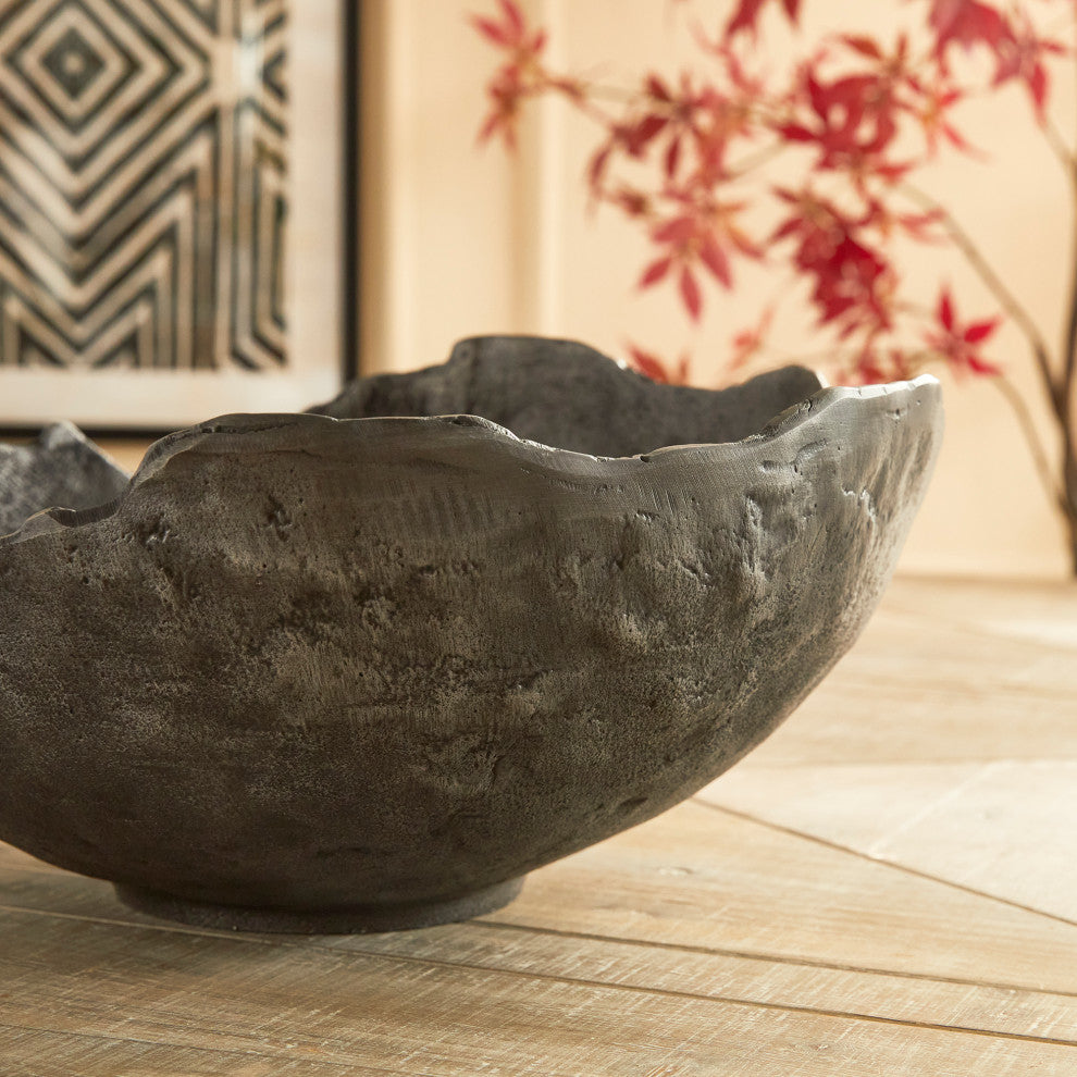 Large 16 in Free Form Dark Gray Decorative Bowl Organic Shape Modern Metal Round