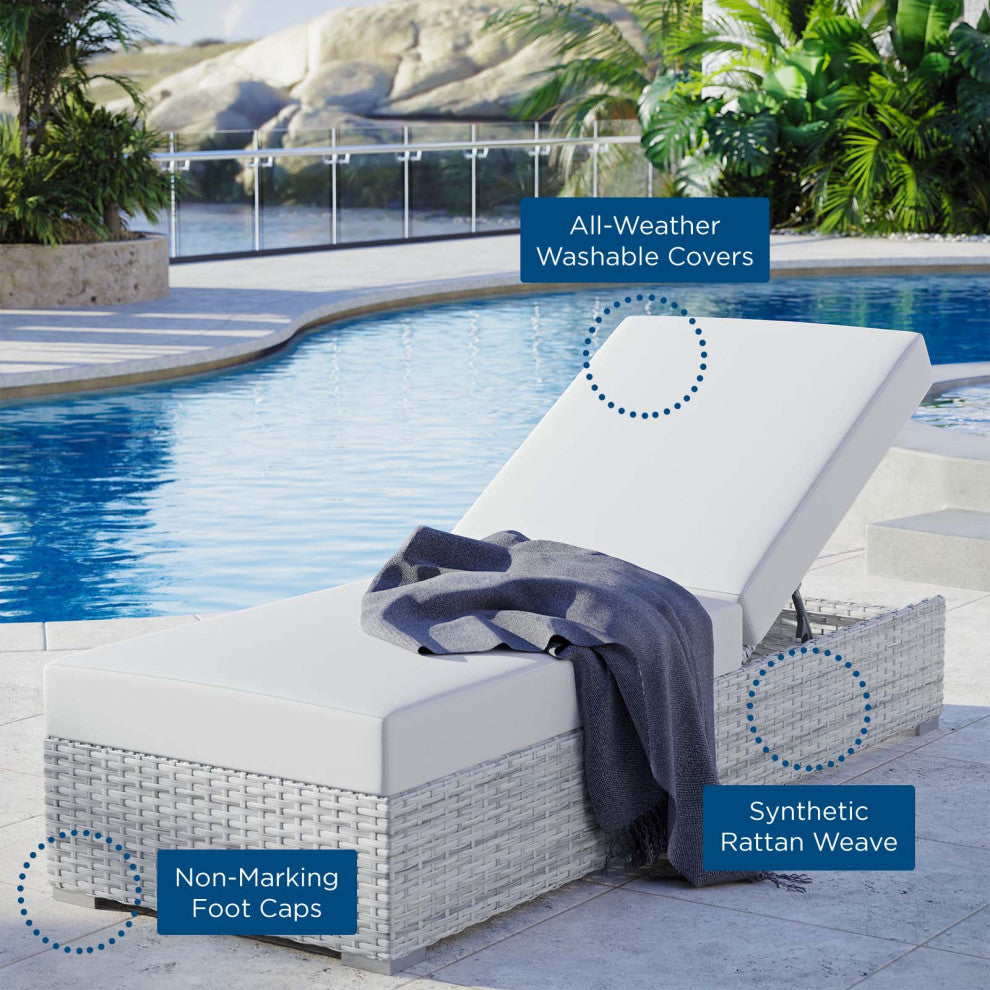 Lounge Chair Chaise, Rattan, Wicker, Gray White, Modern, Outdoor Patio Cafe