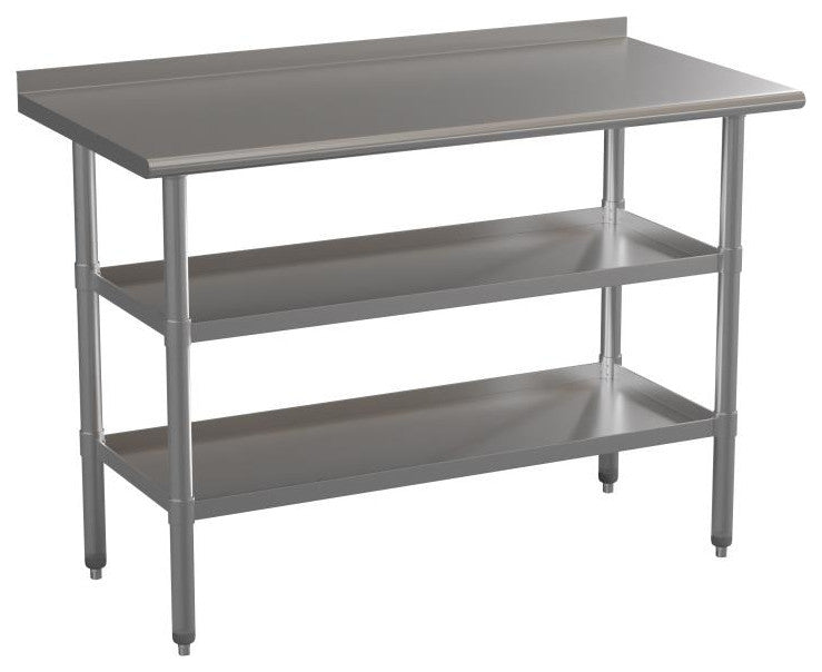 Stainless Steel 18 Gauge Work Table With 1.5" Backsplash and 2 Undershelves, NSF