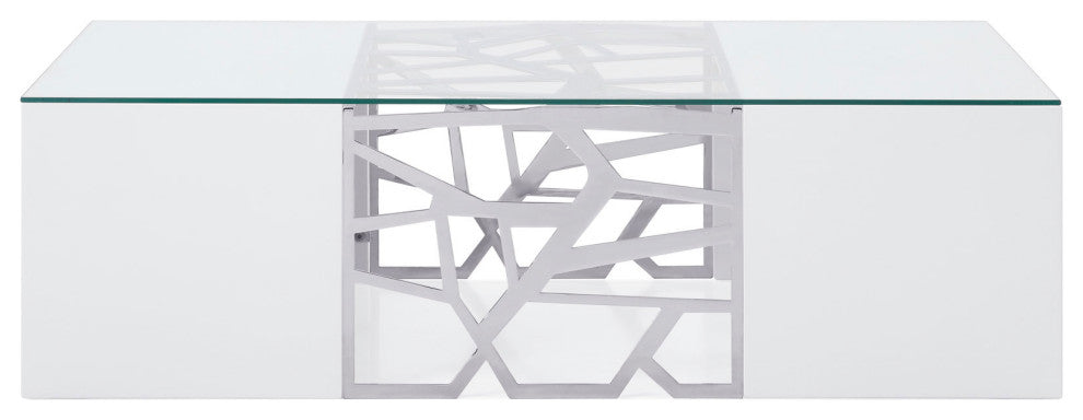 Liera Coffee Table Clear Tempered Glass Top White Lacquer Base Stainless Steel