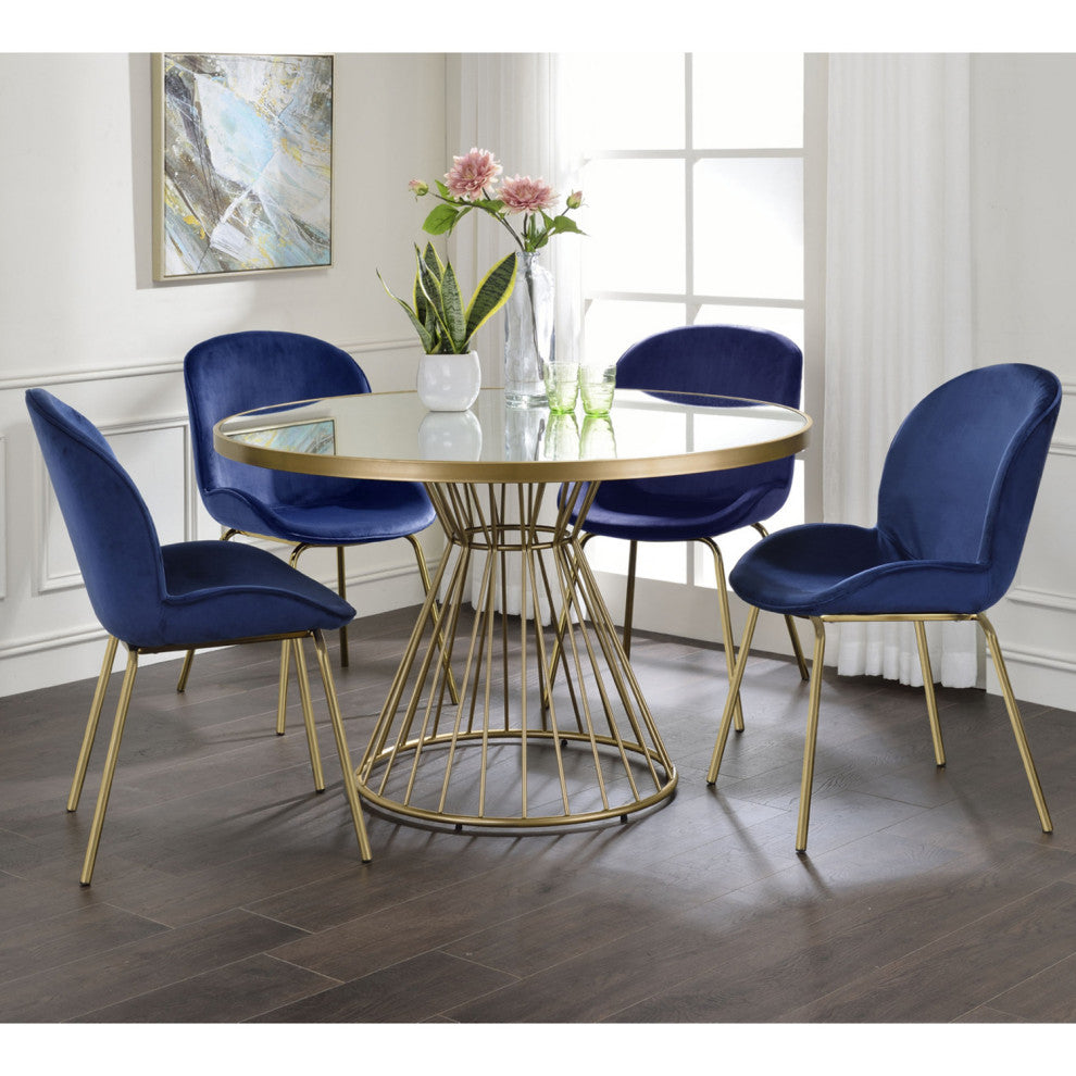 Set of 2 Blue Velvet Side Chair, Blue/Gold