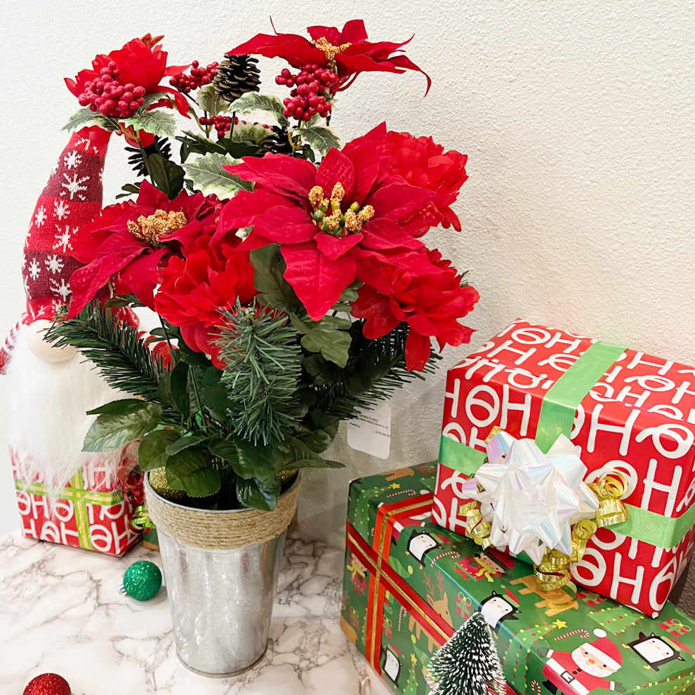 18 Stems Faux Peony Velvet Poinsettia Xmas Bush