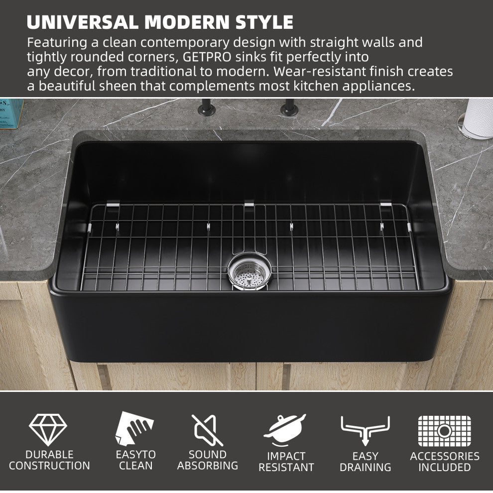 36"x20" Apron Front Single Bowl Farm Fireclay Kitchen Sink with Accessories