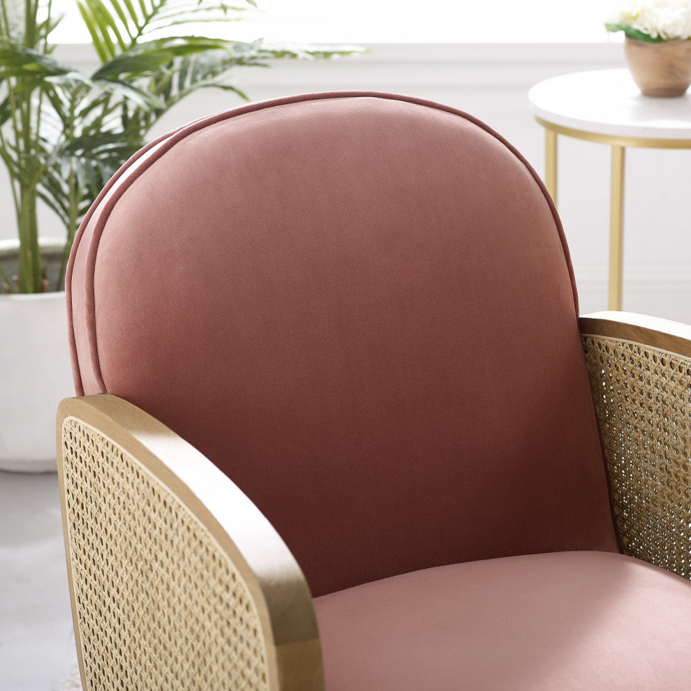 Modern Pink Velvet With Cane Accent Chair