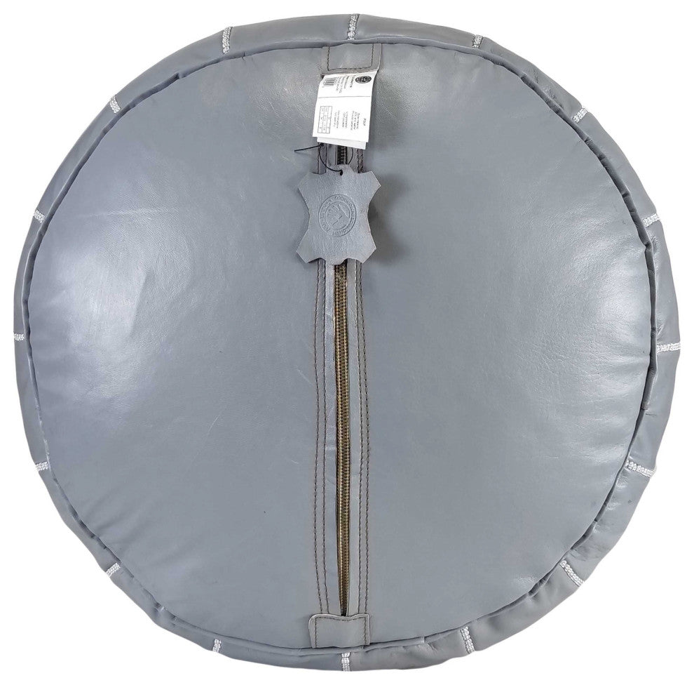 Handmade Moroccan Ottoman, Genuine Leather Pouf, Gray & White