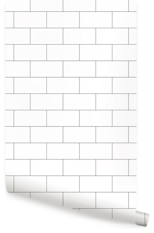 Subway Tile Pattern Black Lines Peel and Stick Vinyl Wallpaper, 24"w X 60"h Large
