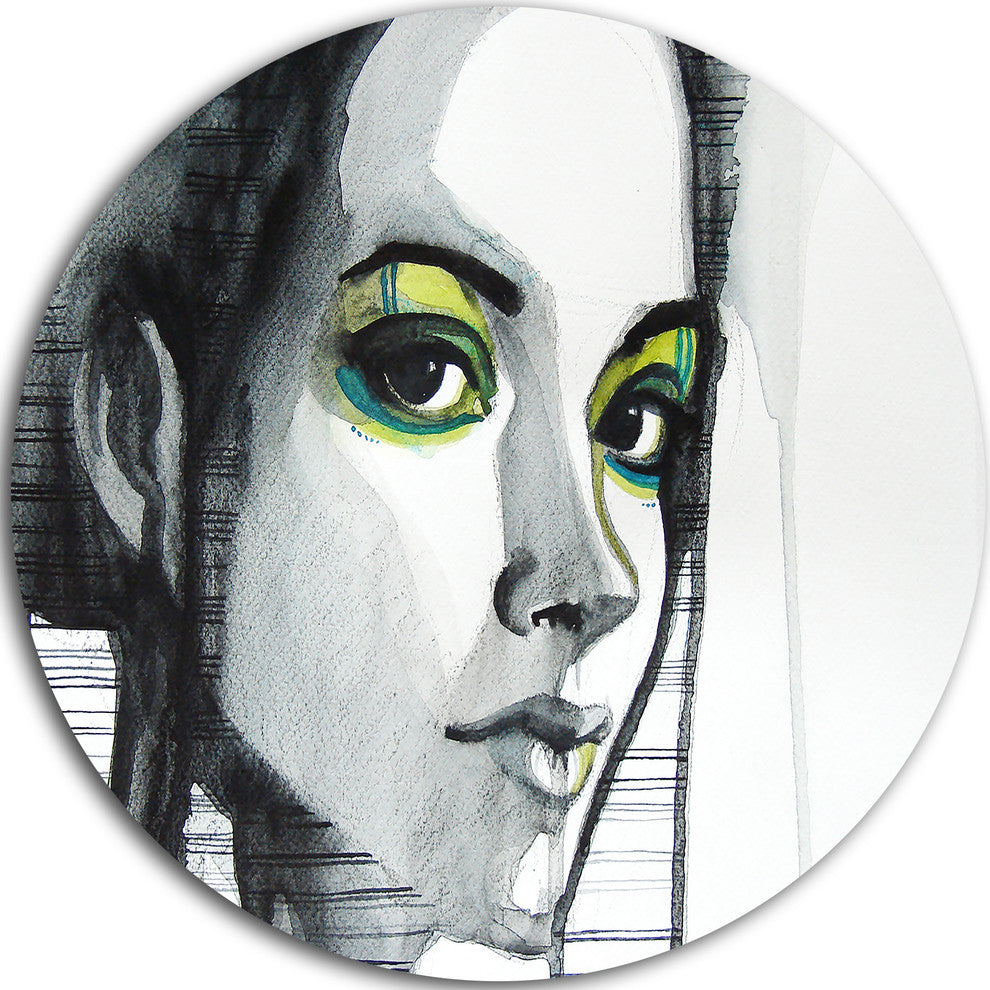Black Illustrated Girl, Portrait Painting Disc Metal Wall Art, 11"