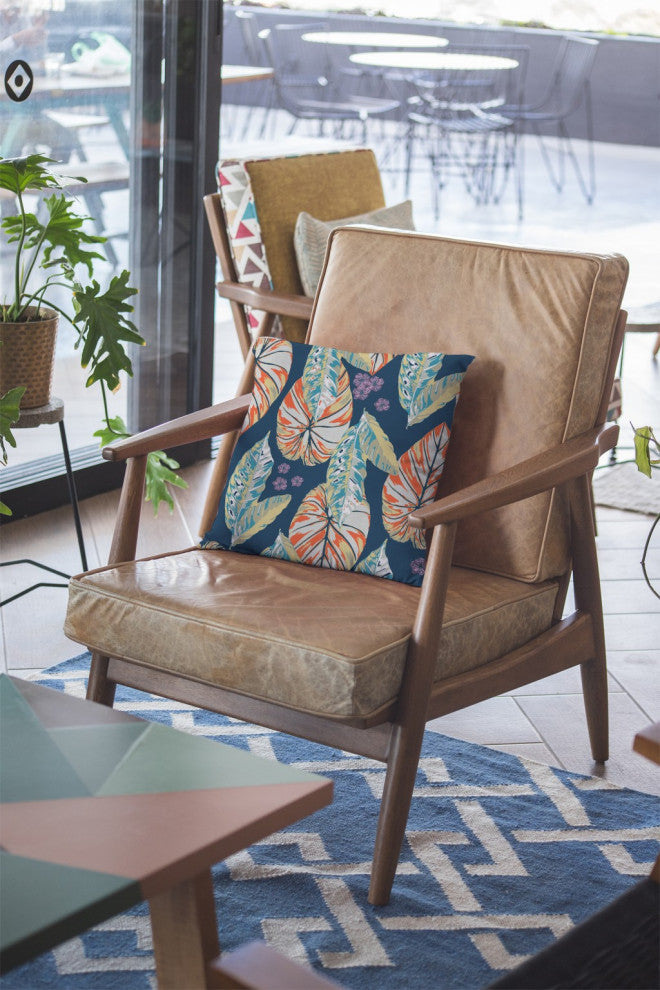 26" Orange Blue Tropical Leaf Indoor Outdoor Throw Pillow