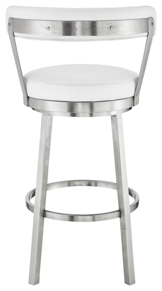 30" Chic White Faux Leather With Stainless Steel Finish Swivel Bar Stool