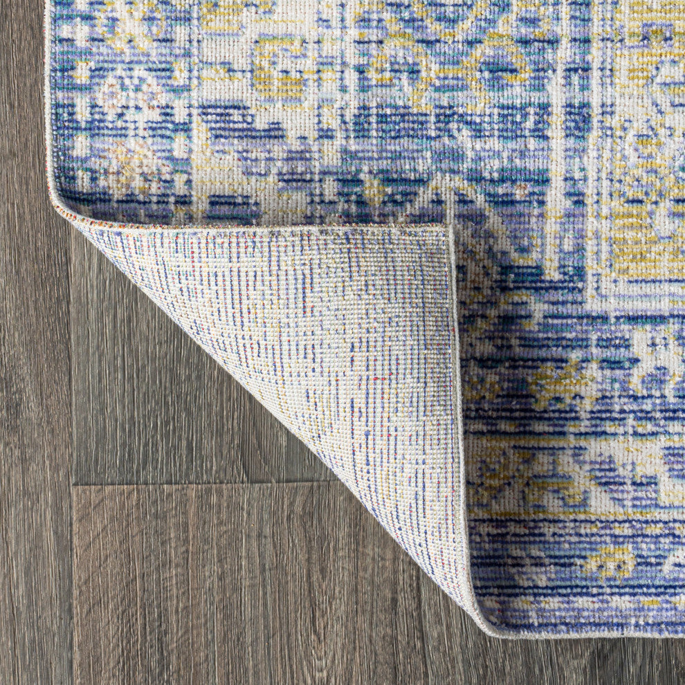 Darija Ornate Geometric Medallion Area Rug, Blue, 2 X 8