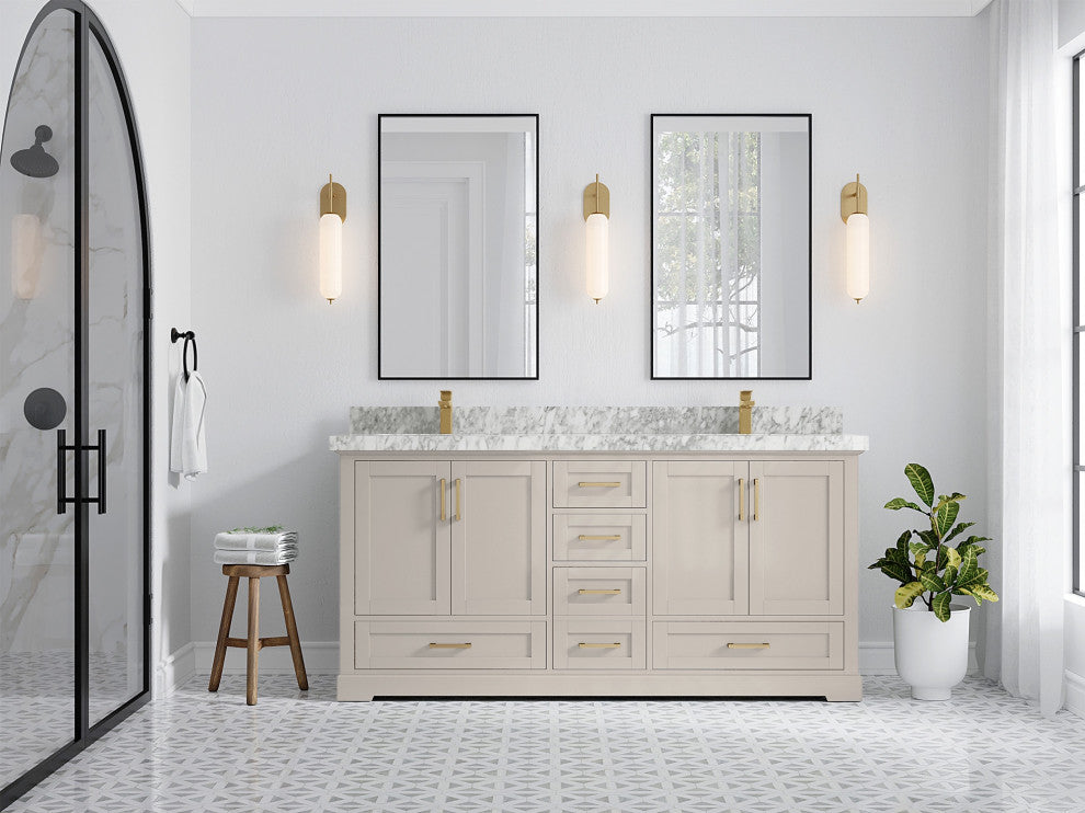 Boston 72" Double Sink Bath Vanity in Fine Grain 2" Carrara Marble