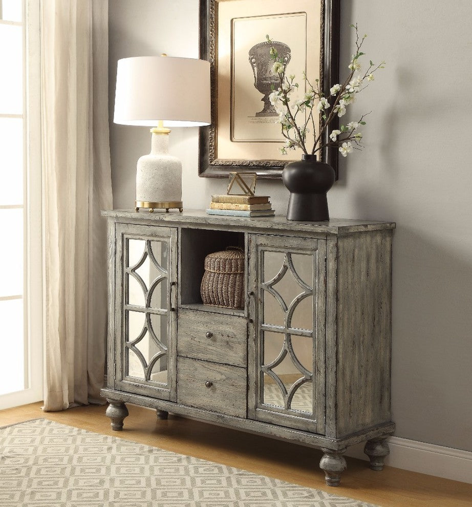Benzara BM154253 Console Table With 2 Doors and 2 Drawers, Weathered Gray
