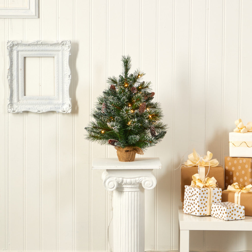 2' Frosted Pine Faux Xmas Tree W/ 35 Clear LED Lights, Pinecones and Burlap Base