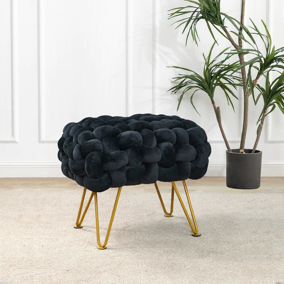 Velvet Pouf Stool Ottoman, Black, 27''x20''x20''