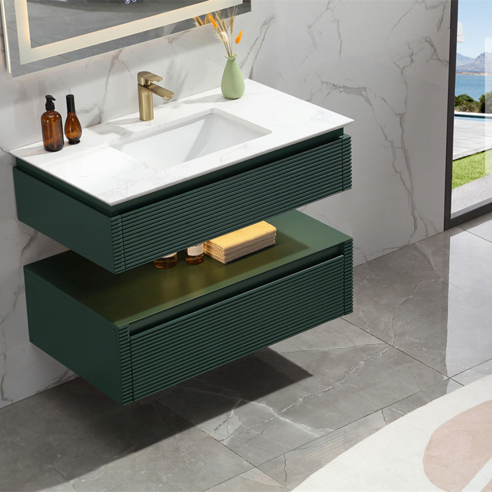 36" Solid Wood Wall-Mounted Bath Vanity Set, Green